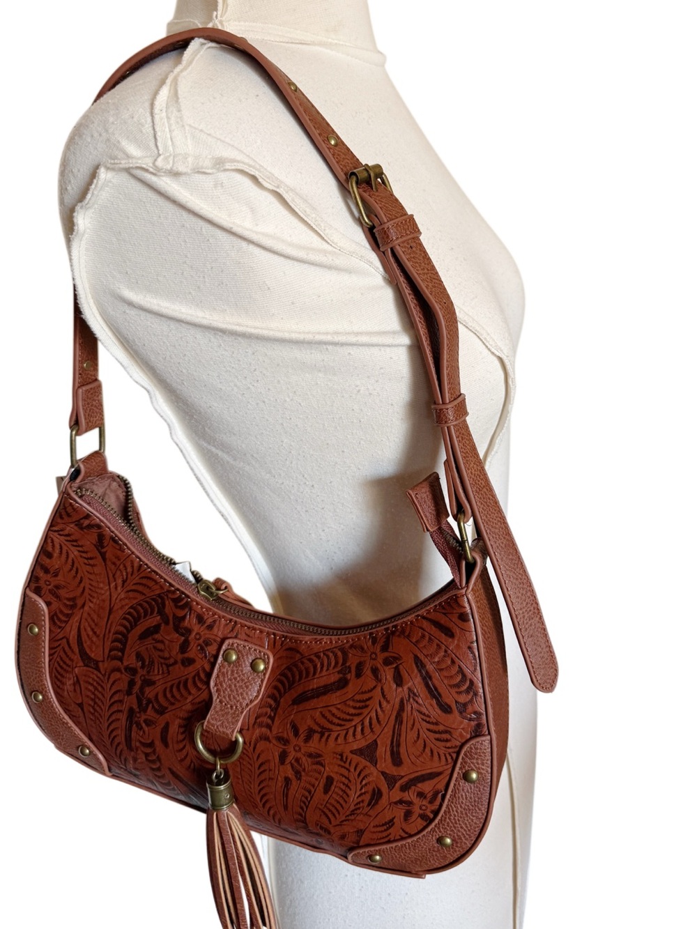 New rein & bridle faux tooled leather Tan Floral Embossed Leather Shoulder Bag